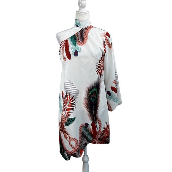 White Green Multi Peacock Asymmetric One Shoulder High Neck Mini Shift Dress M/L - Picture 1 of 12